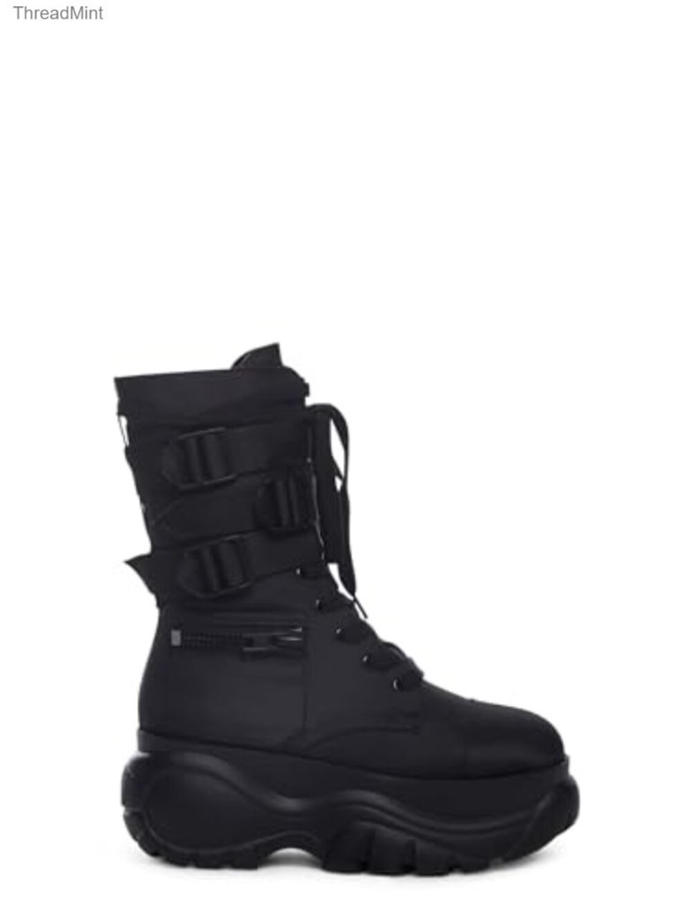 Chunky Platform Combat Boots with Zipper Pockets Buckled Straps